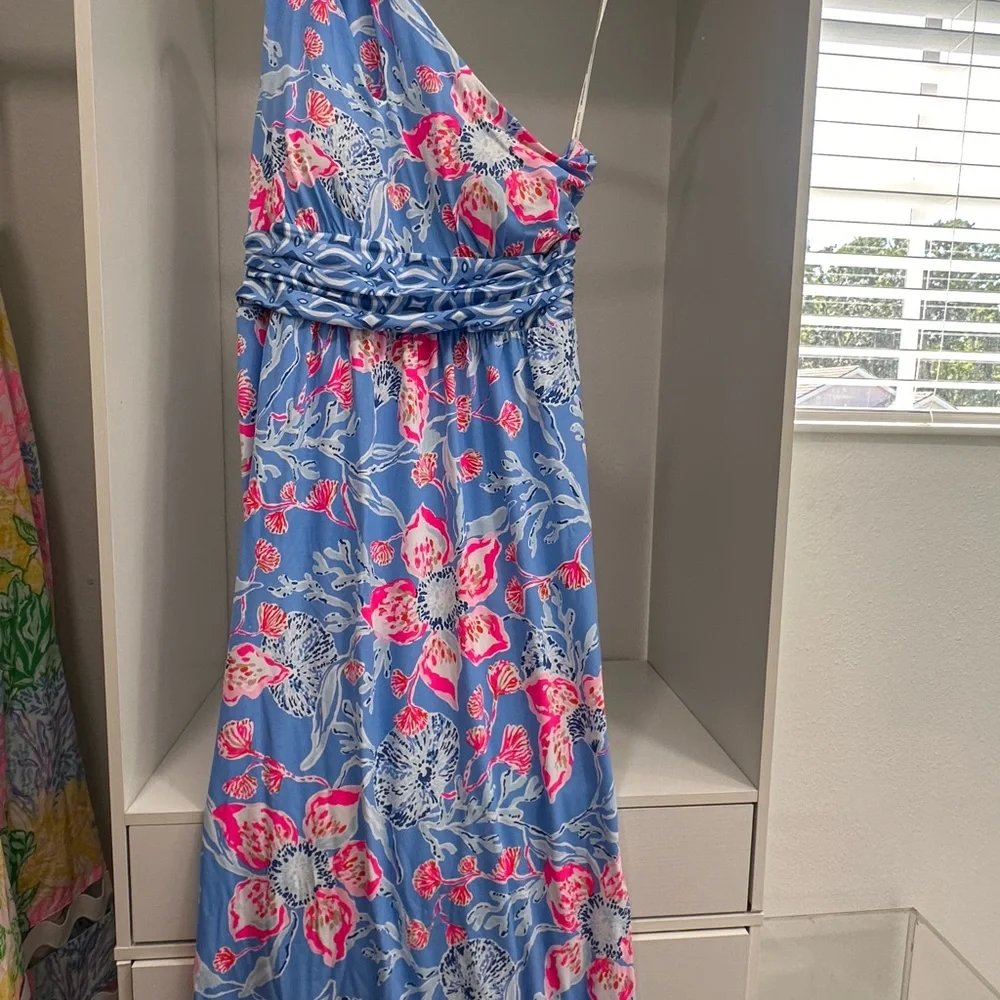 Lilly Pulitzer One-Shoulder Floral Sheath Dress in Turquoise and Pink - Picture 4 of 7